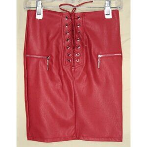 NWT Edge Street Red Faux Leather Mini Skirt Zippers Lace Up Vegan Women's XS